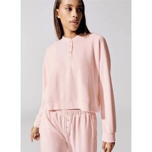 DONNI. Womens Terry Henley Pullover Sweatshirt Top Size XL Pink 3 Button Cropped